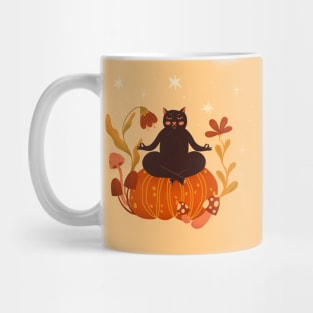 Cute cat meditation on pumpkin. Halloween autumn seasonal illustration Mug